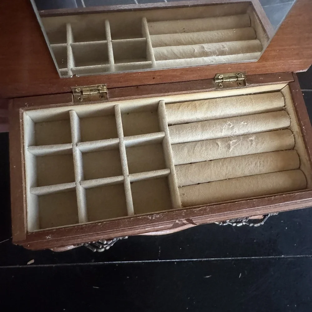 Vintage Wooden Lined Jewelry Box / Chest Drawers Cottagecore Mid Century Style